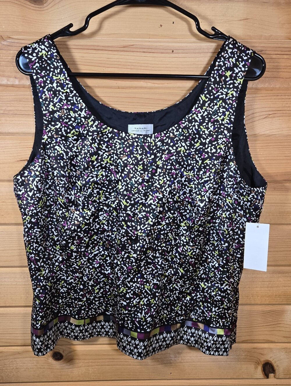 NWT Tahari Silk Sleeveless Top Women's 14 Black Multi Abstract Print Tank Blouse